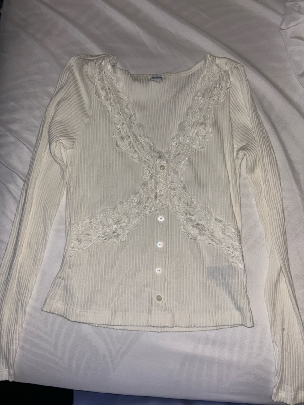 Cream Lace-Trim Ribbed Button-Up Top